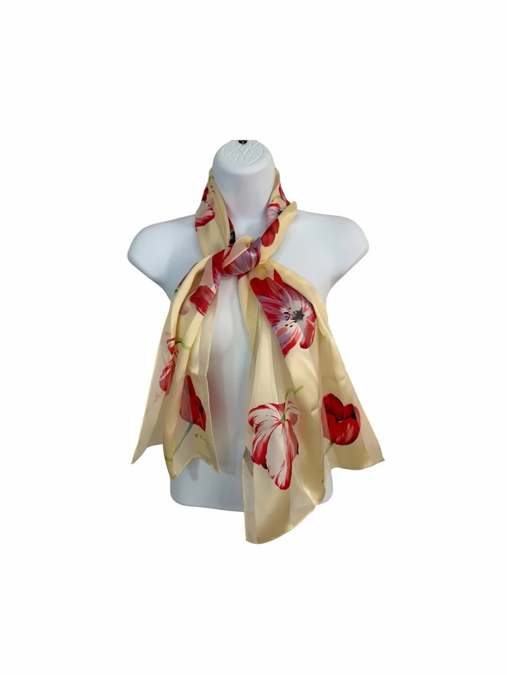 Vintage ECHO Cream Floral Oblong Silk Scarf Red White Tulip Classic Lightweight
